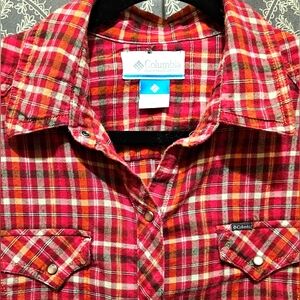 Columbia Western Snap Shirt, Woman's M, red,white,orange plaid